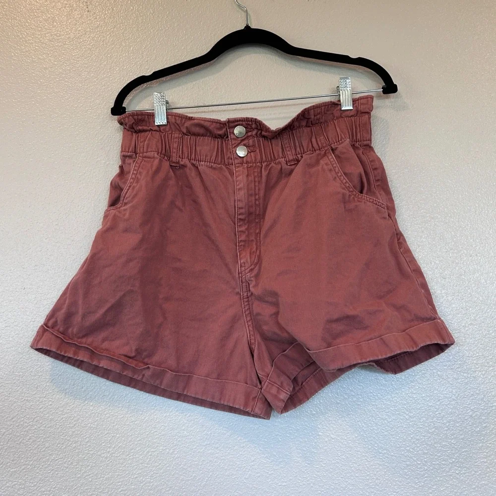 HM Womens High Waisted Paperbag‎ Shorts Terracotta Pink Cotton Size 10